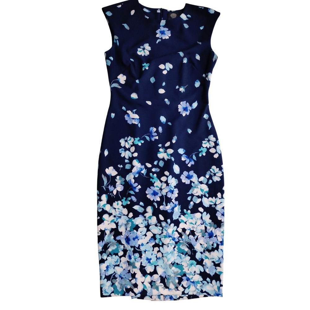 Vince Camuto Navy Blue Floral Scuba Sheath Dress Sleeveless Size 2 Knee Length